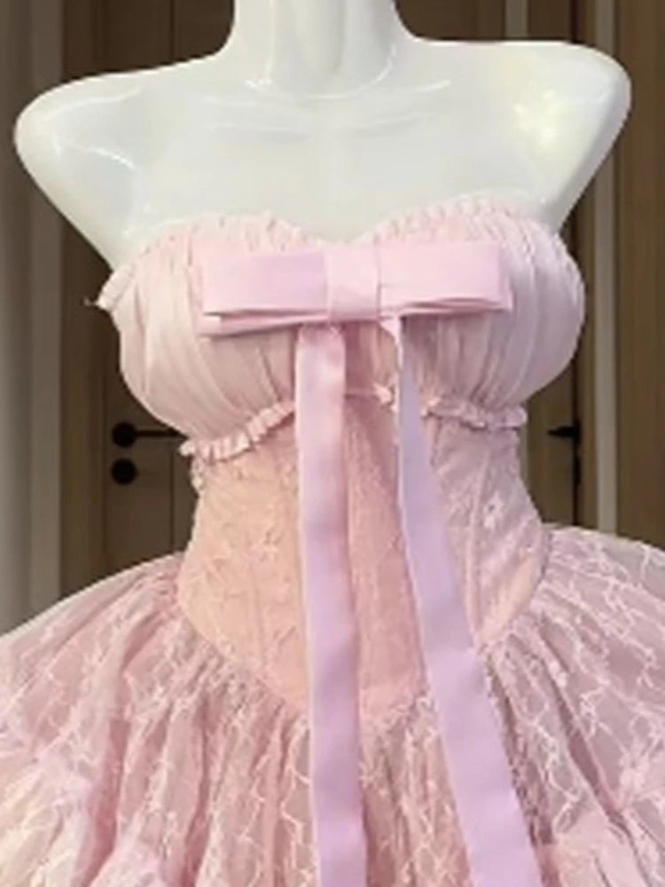 Pastel Pink Bow Mini Tube Top Dress Fairy Princess Aesthetic