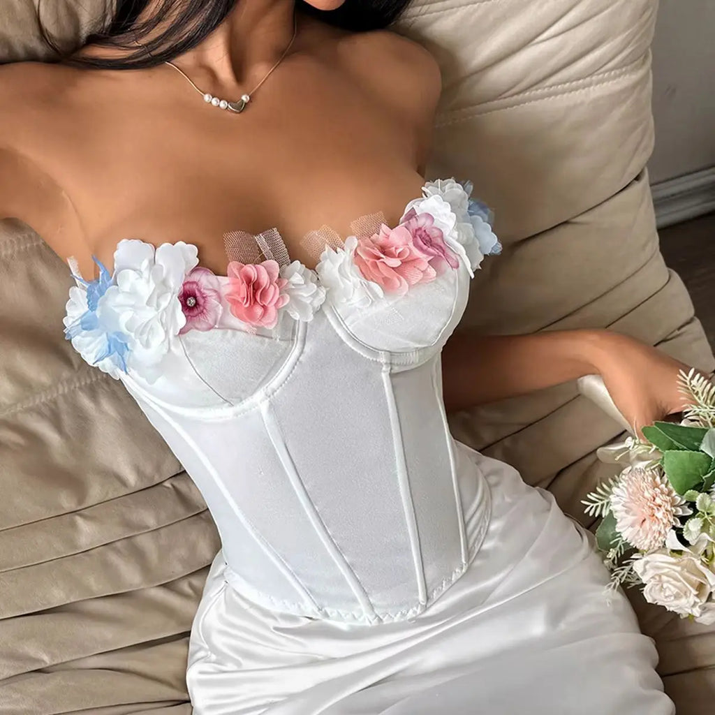 White Off Shoulder Corset Top With Three Dimensional Floral Details