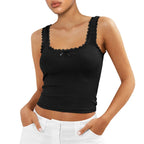 Coquette Lace Trim Knit Crop Top With Bow Sleeveless Square Collar