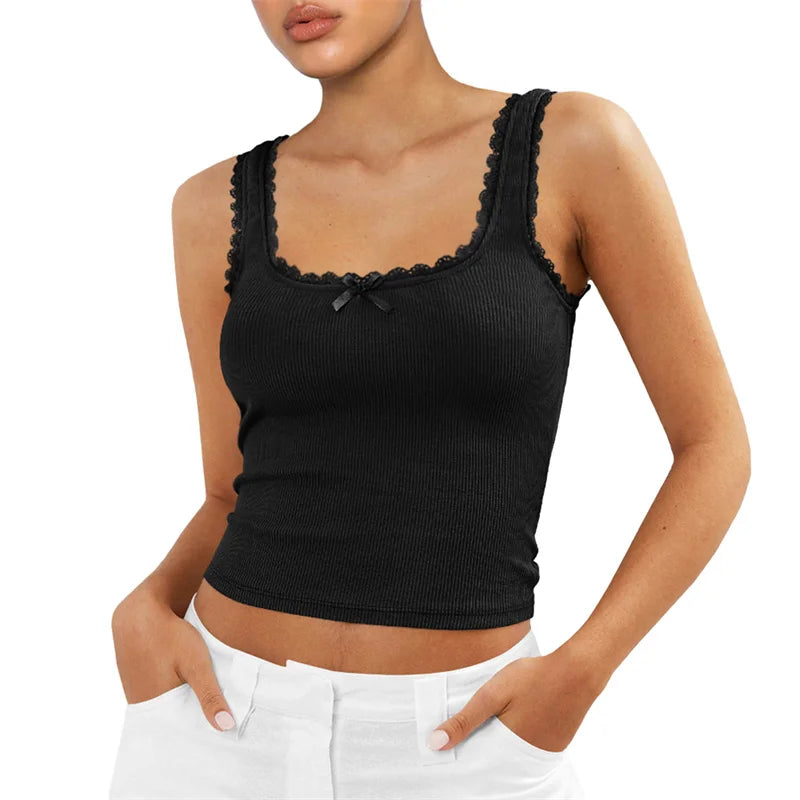 Coquette Lace Trim Knit Crop Top With Bow Sleeveless Square Collar