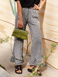 Fashion Women’s Y2k Plaid Wide Leg Pants Gingham Ruffled Hem Elastic Waistband Loose Casual Trousers