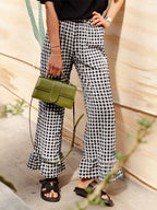Fashion Women’s Y2k Plaid Wide Leg Pants Gingham Ruffled Hem Elastic Waistband Loose Casual Trousers