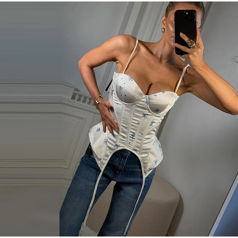 Romantic Floral Corset Cami Top With Sweetheart Neckline And Irregular Hem For Summer