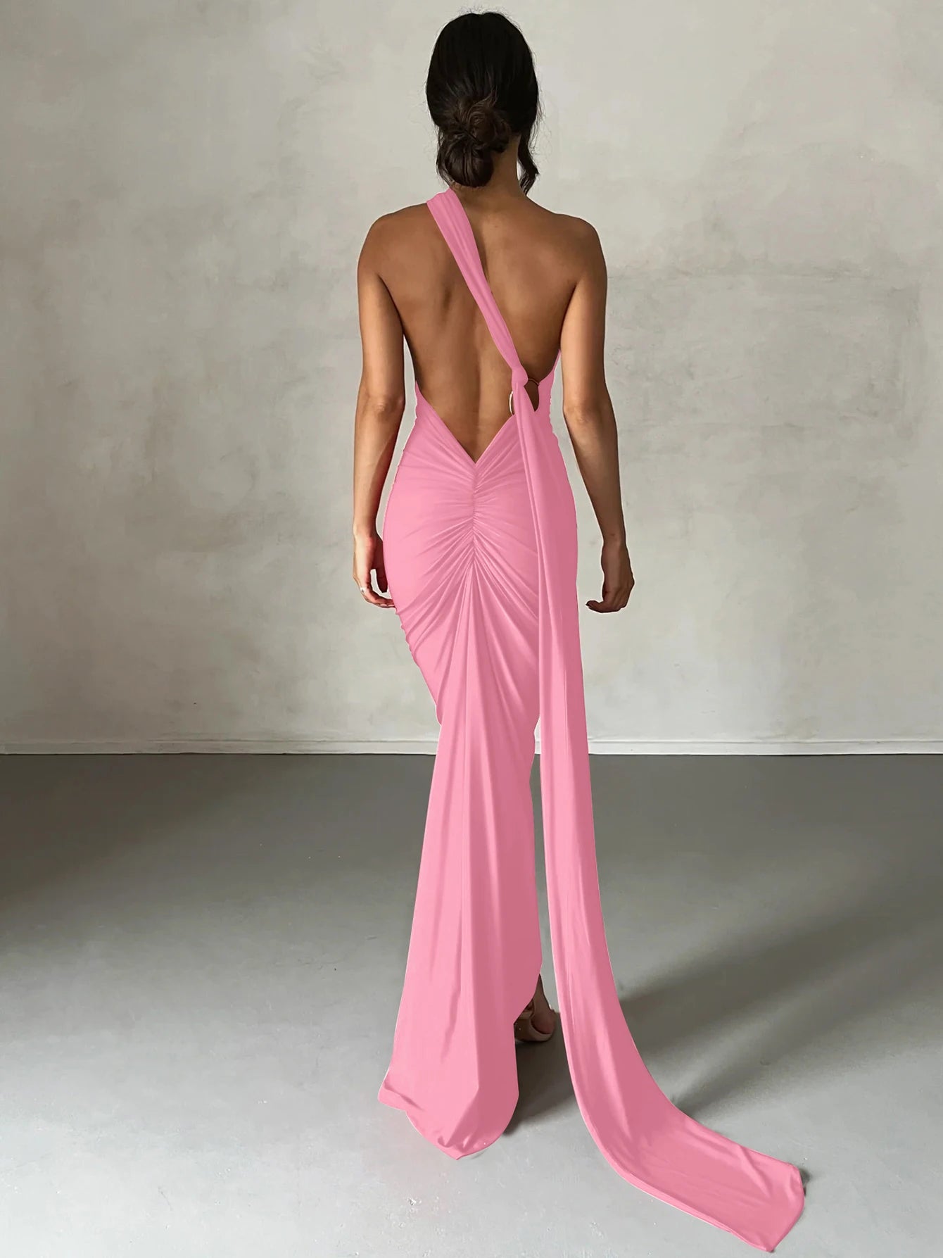 One Shoulder Backless Ruched Slim Long Dress