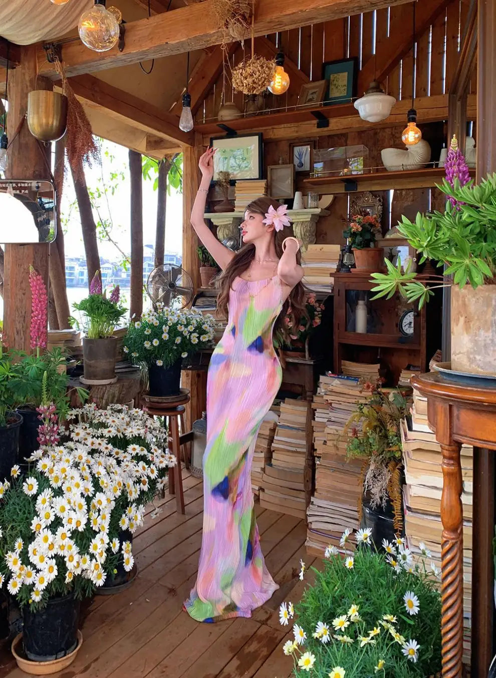 Pink Tie Dye Spaghetti Strap Maxi Dress For Beach Vacation Pleated Sleeveless Elegant Bodycon