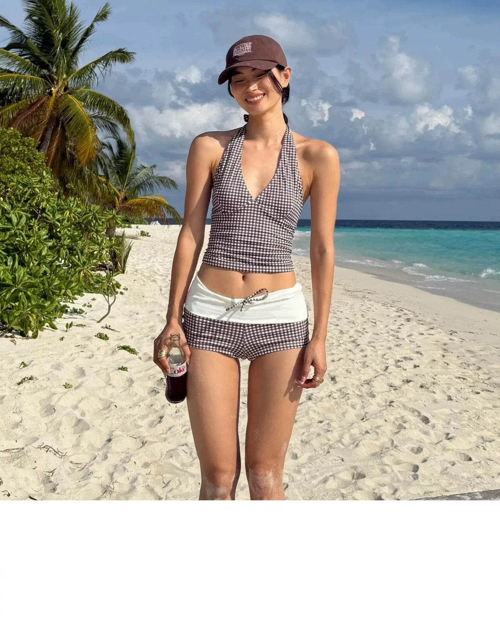 Checkered V Neck One Piece Swimsuit With Belly Coverage And Open Back