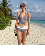 Checkered V Neck One Piece Swimsuit With Belly Coverage And Open Back