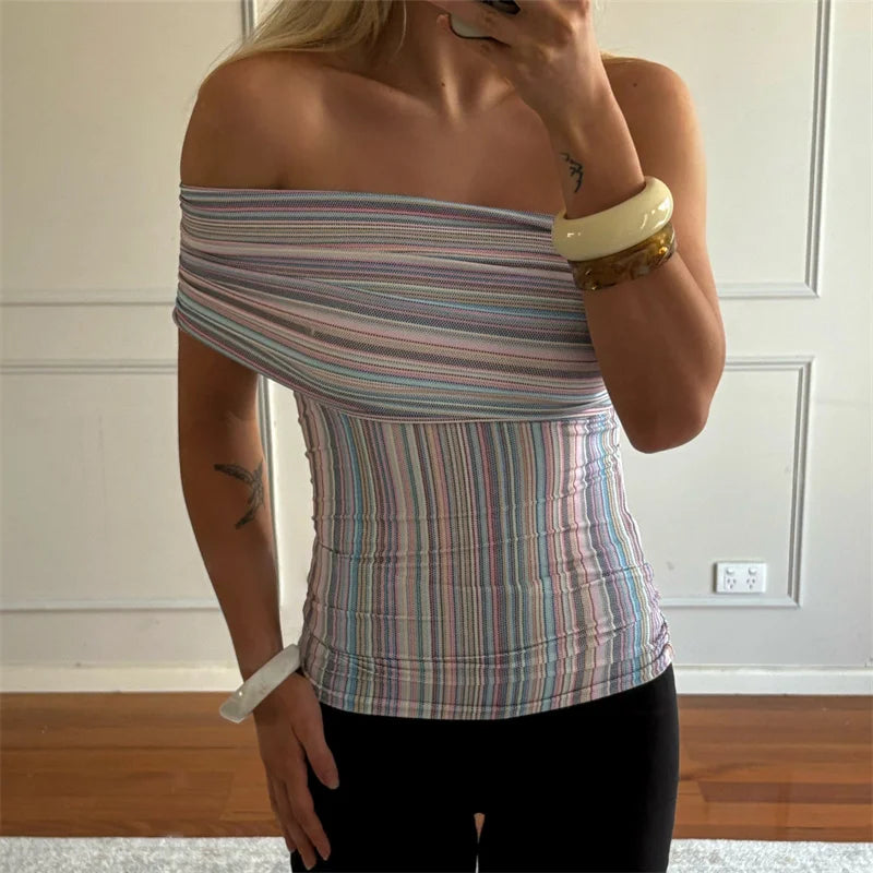 Off Shoulder Striped Tube Top With Ruched Detail Slim Fit Crop Blouse