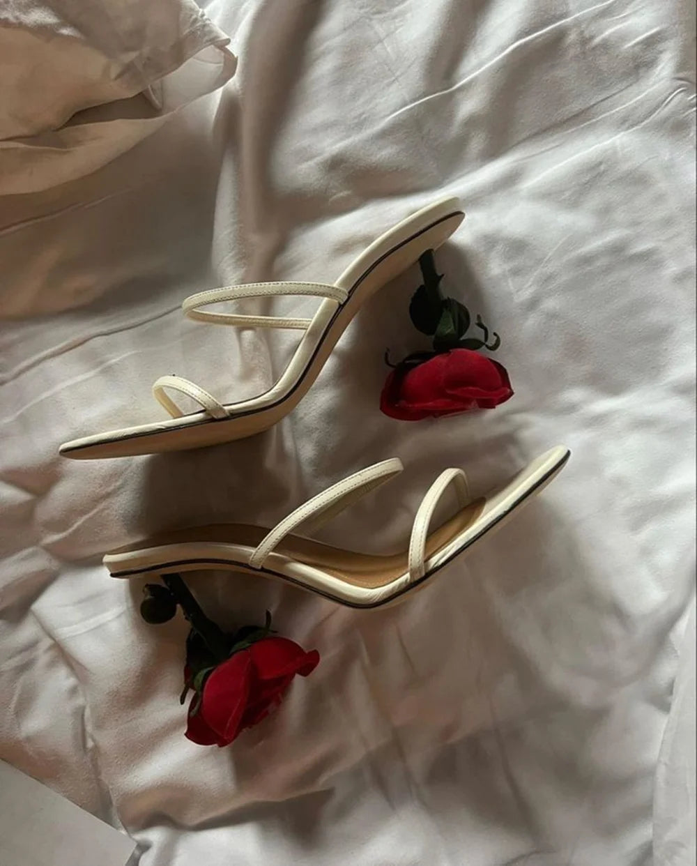Open Toe Strappy Sandals With Rose Stem Heel Multicolor Leather Straps And Floral Accent
