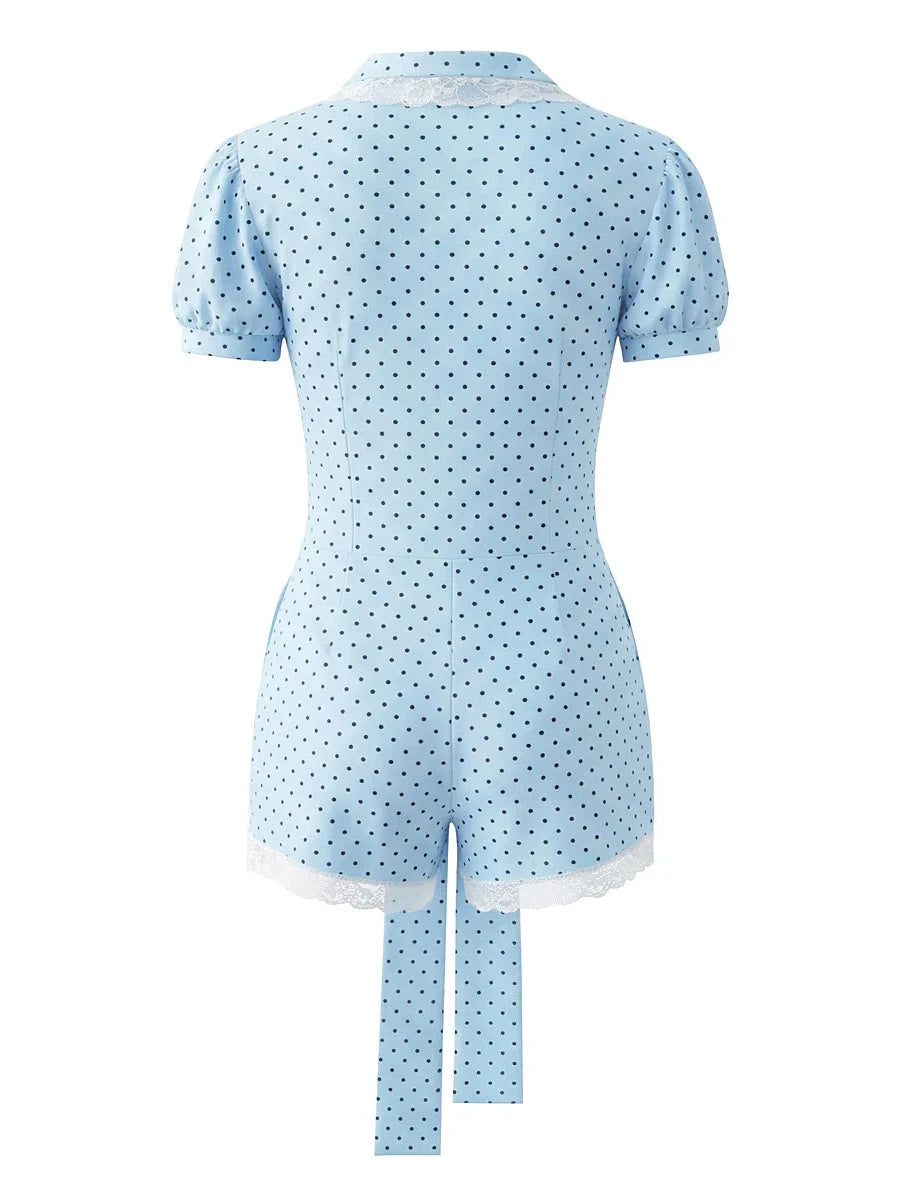 Dreamy Blue Polka Dot Puff Sleeve With Cutout Lace Trim
