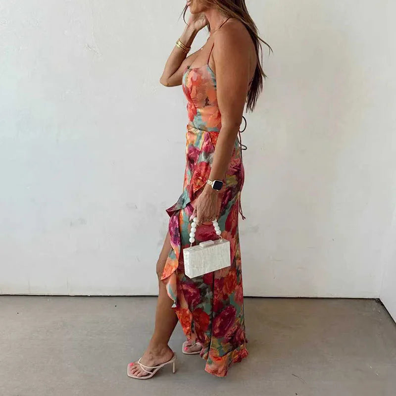 Floral Backless Tie Dress With Pleats