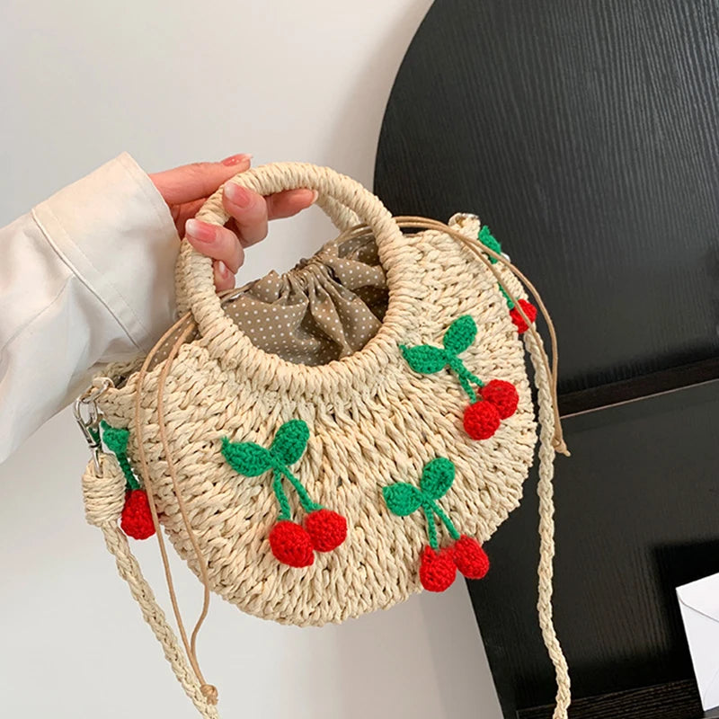Cherry Deco Chic Shoulder Bag Mini Basket Purse Paper Weave Handmade