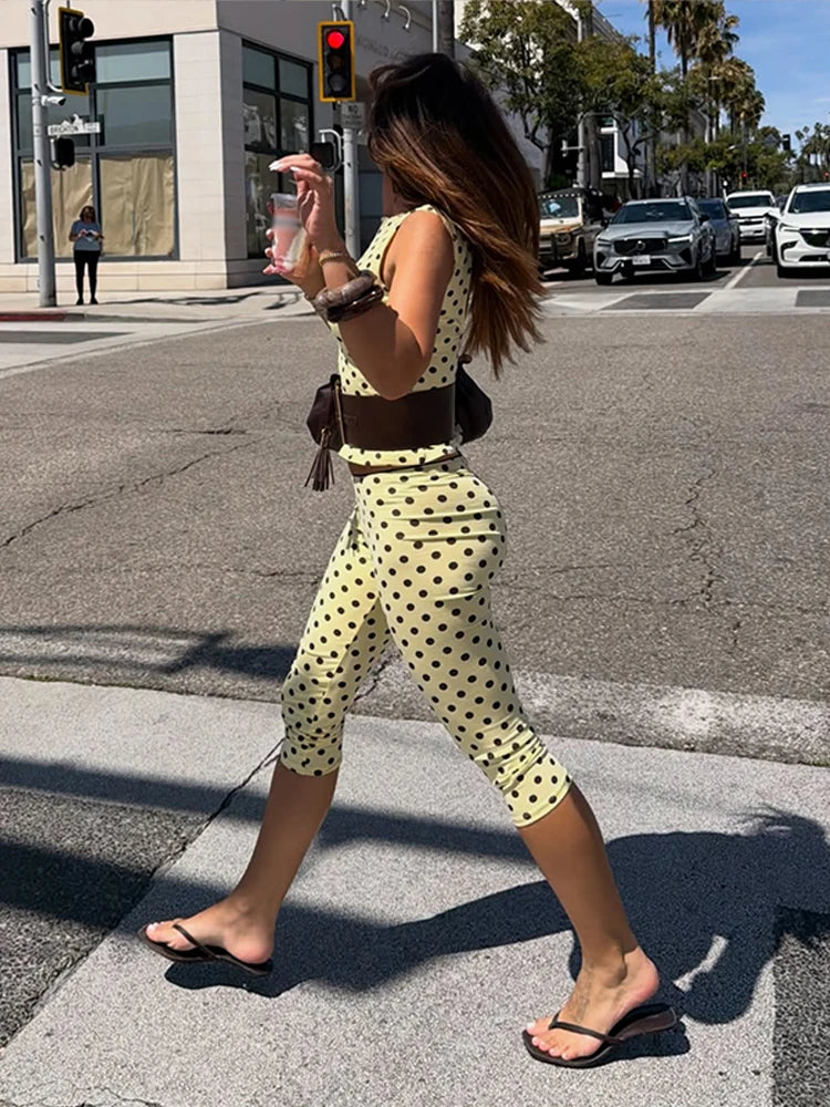 Retro Yellow Polka Dot Open Back Sleeveless Top And Capri Pants Set High Waist