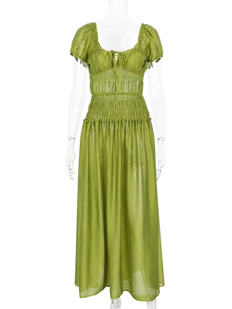 Vibrant Lace Up Back A Line Dress With Short Sleeves