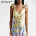 Floral Boho Sleeveless Maxi Dress With Flower Straps V Neck