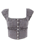 Sweet Plaid Chic Single Breasted Cropped Tops French Square Collar Puff Sleeve Blouse
