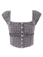 Sweet Plaid Chic Single Breasted Cropped Tops French Square Collar Puff Sleeve Blouse