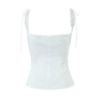 White Lace Trim Crop Top With Ribbon Bow Collar