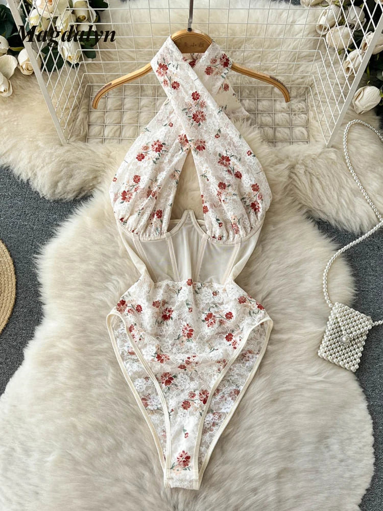 Floral Halter With Mesh Bodysuit