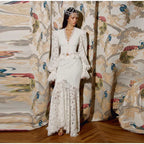 Delicate Lace V-Neck Peplum Top With Flare Sleeves And High Waist Mermaid Hem Elegant Evening Set