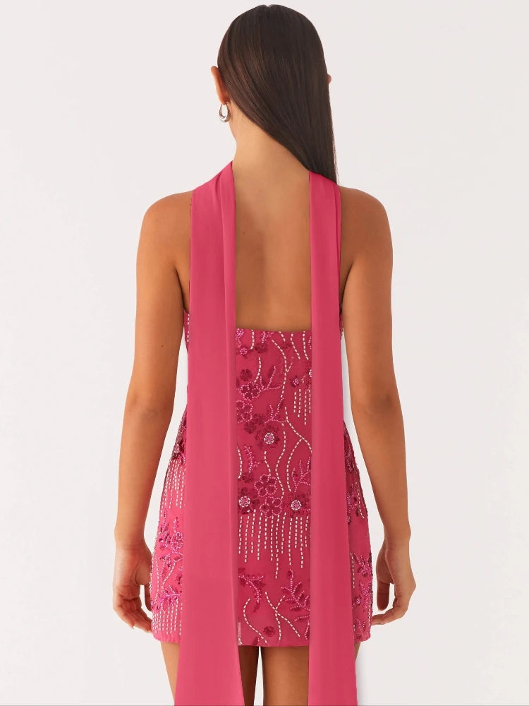 Embroidered Sequin Dress With Wrap Silhouette High Waist Sleeveless