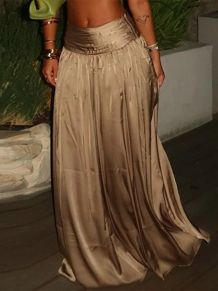 Two Piece Set Solid Color O Neck Top With Backless Lace Up And High Waist A Line Skirt