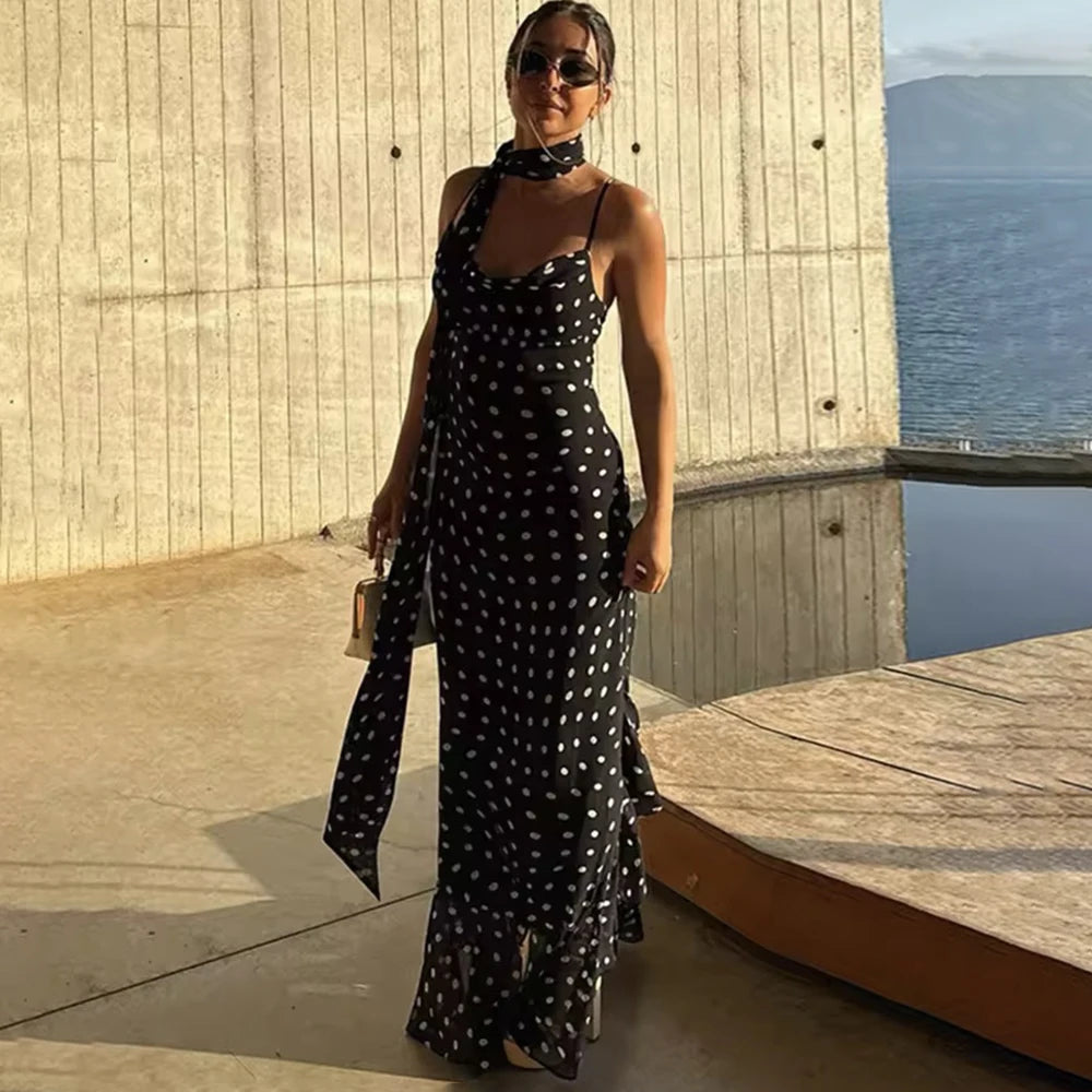 Elegant Polka Dot Halter Sleeveless Maxi Dress With Pleated Skirt And Ribbon Scarf