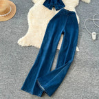 Denim Inspired Two Piece Set Strapless Top And High Waist Wide Leg Pants With Zipper