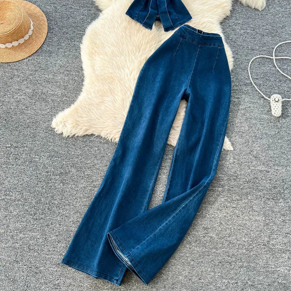 Denim Inspired Two Piece Set Strapless Top And High Waist Wide Leg Pants With Zipper