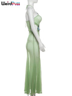 Sheer Halter Dress With Butterfly Appliques Hollow Ruffle Details Elegant Gown