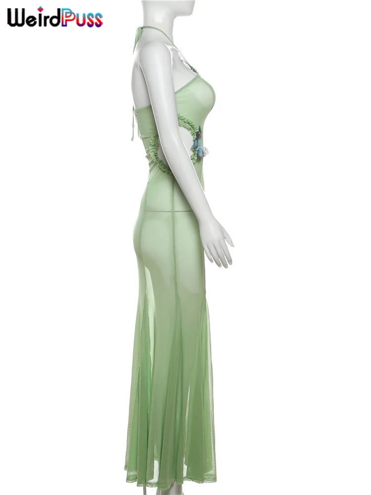 Sheer Halter Dress With Butterfly Appliques Hollow Ruffle Details Elegant Gown