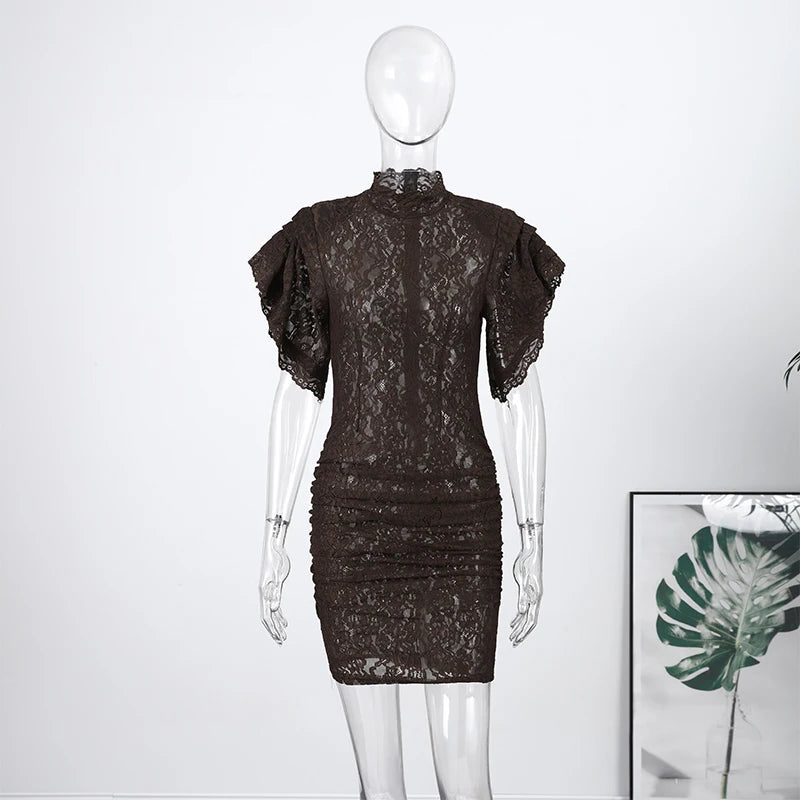 Lace Sheer Party Dress With Pleated Patchwork And Flutter Sleeves For Elegant Evenings