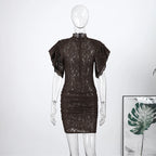 Lace Sheer Party Dress With Pleated Patchwork And Flutter Sleeves For Elegant Evenings