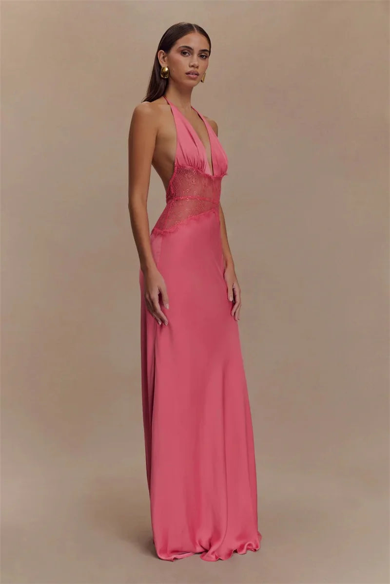 Backless Maxi Gown With Patchwork Lace Halter Neck Deep V And High Waist Elegance
