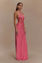 Backless Maxi Gown With Patchwork Lace Halter Neck Deep V And High Waist Elegance