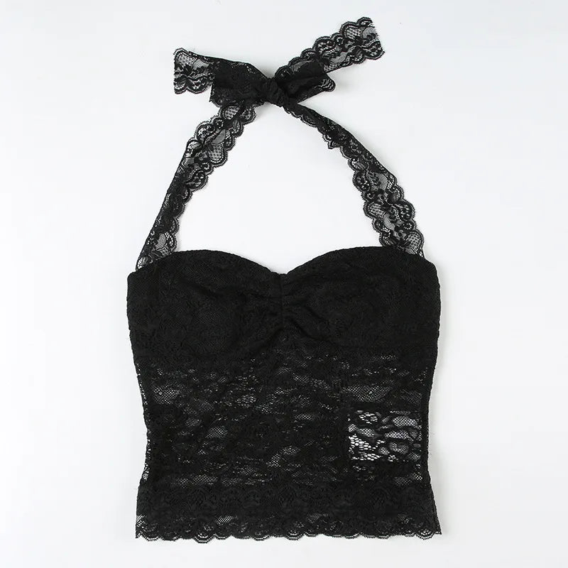 Elegant Lace Flora Halter Crop Top With Sheer Panel Lightweight Sleeveless Tank