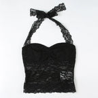 Elegant Lace Flora Halter Crop Top With Sheer Panel Lightweight Sleeveless Tank