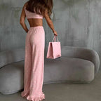 Knit Two-piece Set With Spaghetti Strap Top And Ruffled Trousers