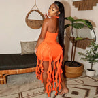 Elegant Halter Backless Ruffles Mini Dress Slim Fit With Tassel Detail