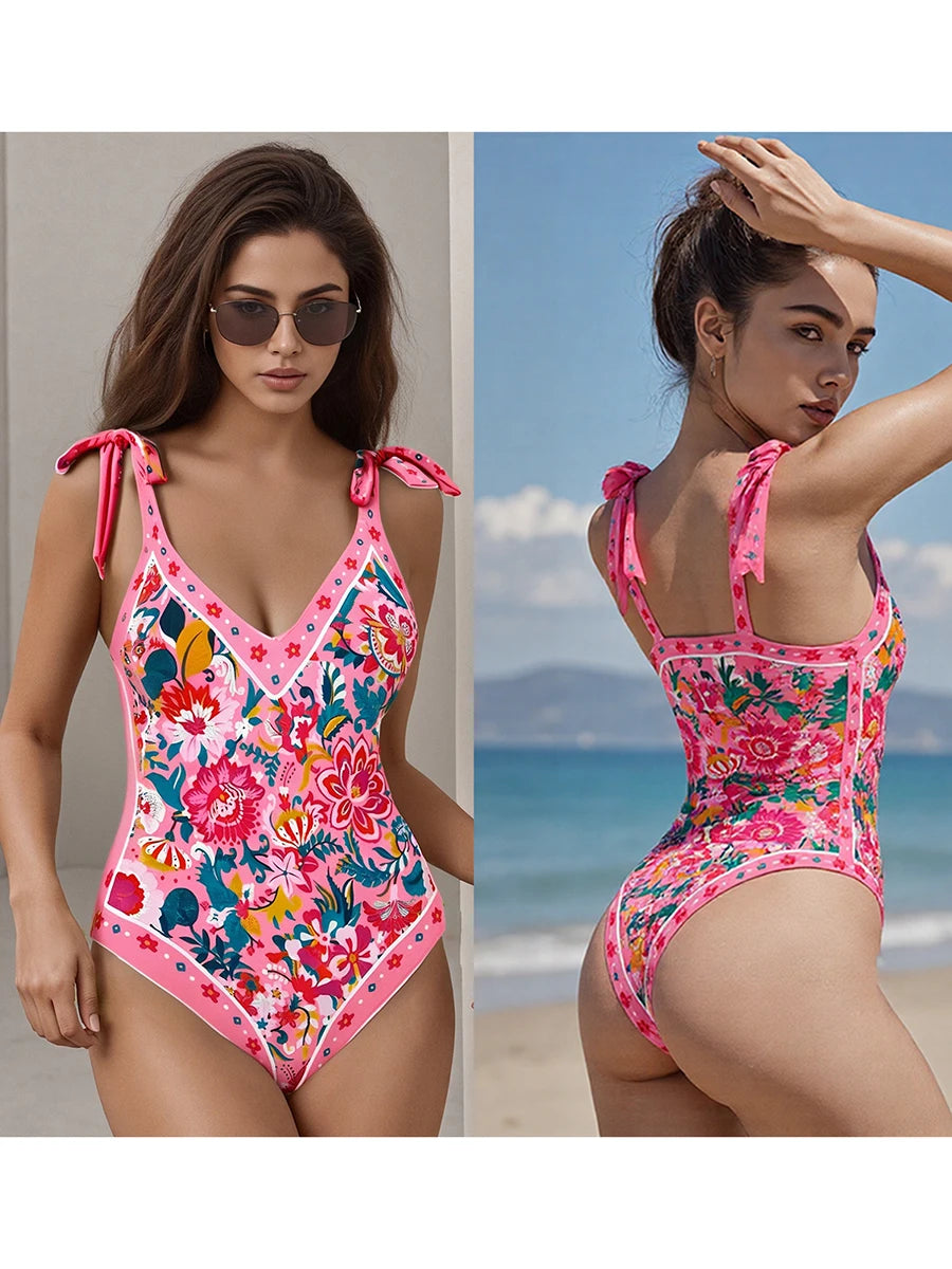 Women Summer Romper Sleeveless Flower Print Monokini One-piece Swimsuit