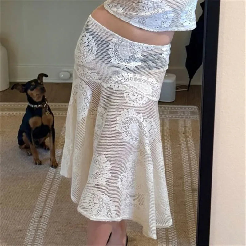 Women Paisley Lace Midi Skirt Sheer Mesh Asymmetrical Hem Flared Skirt High Waist See Through