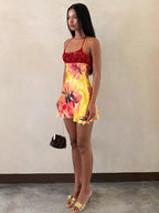 Floral Patchwork Mini Dress With Halter Backless Design