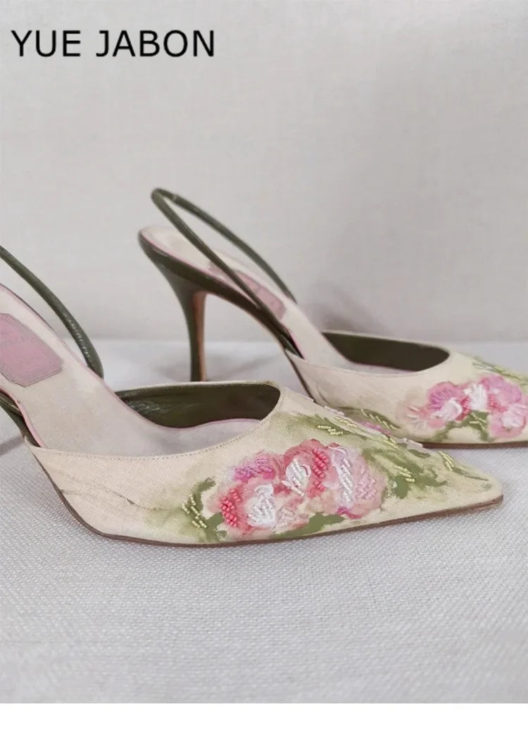 Floral Embroidered Slingback Stiletto Sandals With Pointed Toe High Heels