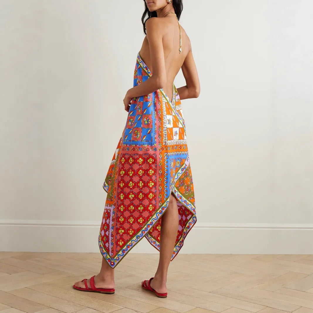 Dreamy Boho Breeze Satin Halter Neck Maxi Dress
