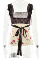 Patchwork Polka Dot Lace Camis Top With Square Collar Floral
