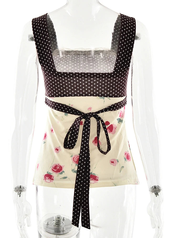 Patchwork Polka Dot Lace Camis Top With Square Collar Floral