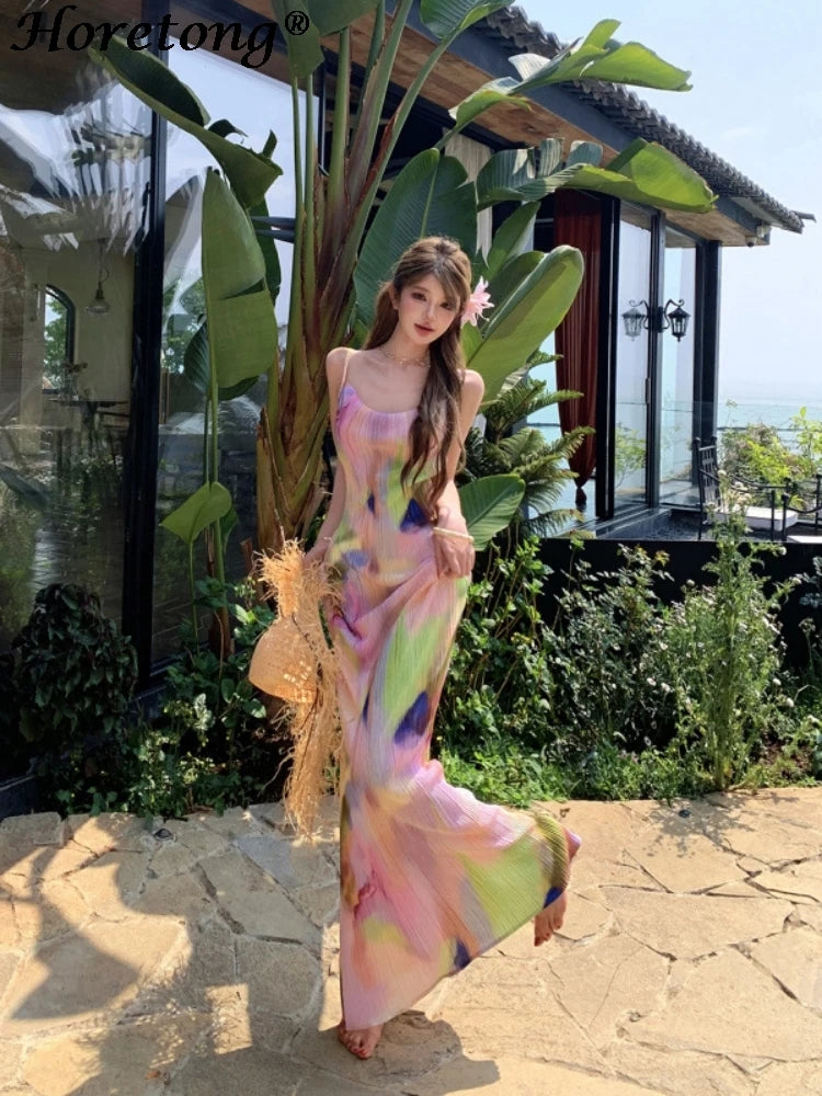 Pink Tie Dye Spaghetti Strap Maxi Dress For Beach Vacation Pleated Sleeveless Elegant Bodycon