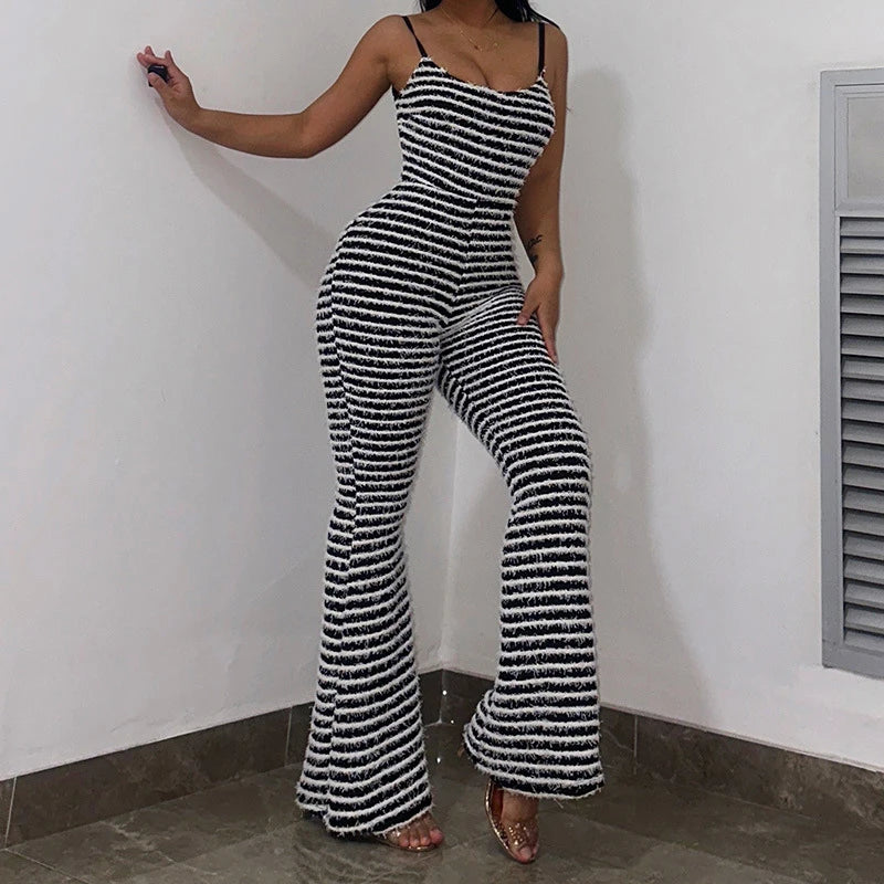 Backless Striped Jumpsuit With High Waist Flare Legs