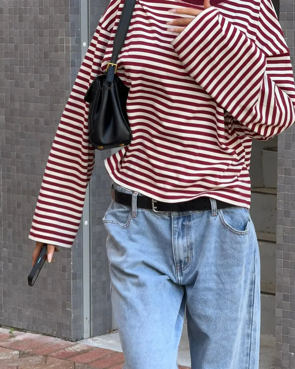 Stripe Patchwork Long Sleeve Tee for Casual Streetwear and Everyday