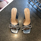 Rhinestone Butterfly Knot High Heel Sandals With Crystal Bow Mules